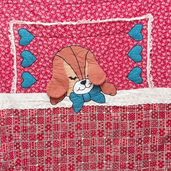 Vgt Hand Sewn Stitched Red BlueBaby Quilt Blanket Sleeping 3D Dog Hearts 50"x40" - Picture 4 of 11